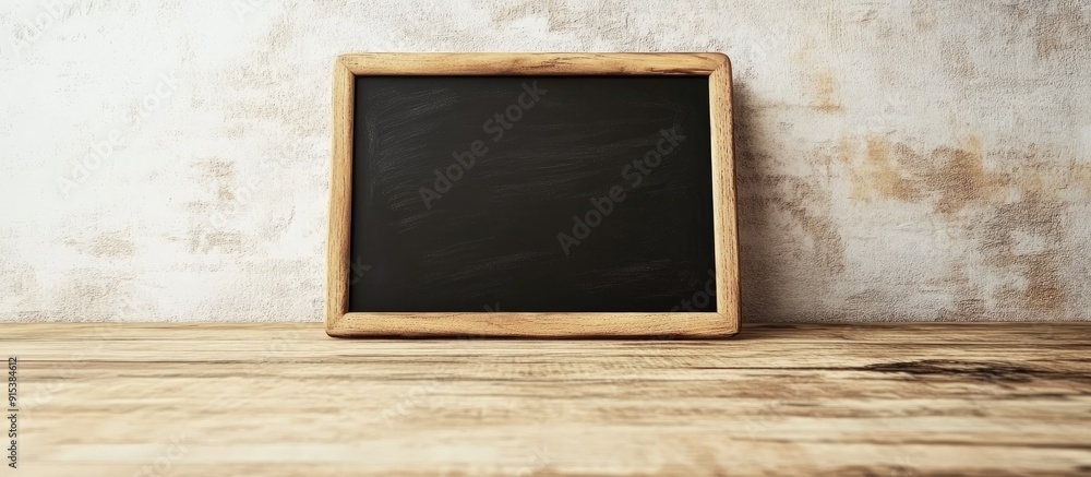Poster small black board on a wooden table blank blackboard isolated. with copy space image. place for addi