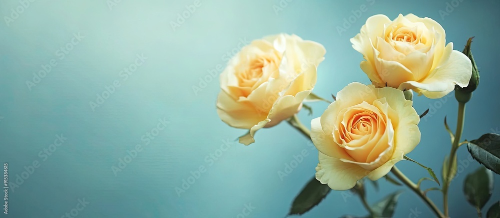 Poster Close up of yellow roses against a blue background with soft selective focus. with copy space image. Place for adding text or design