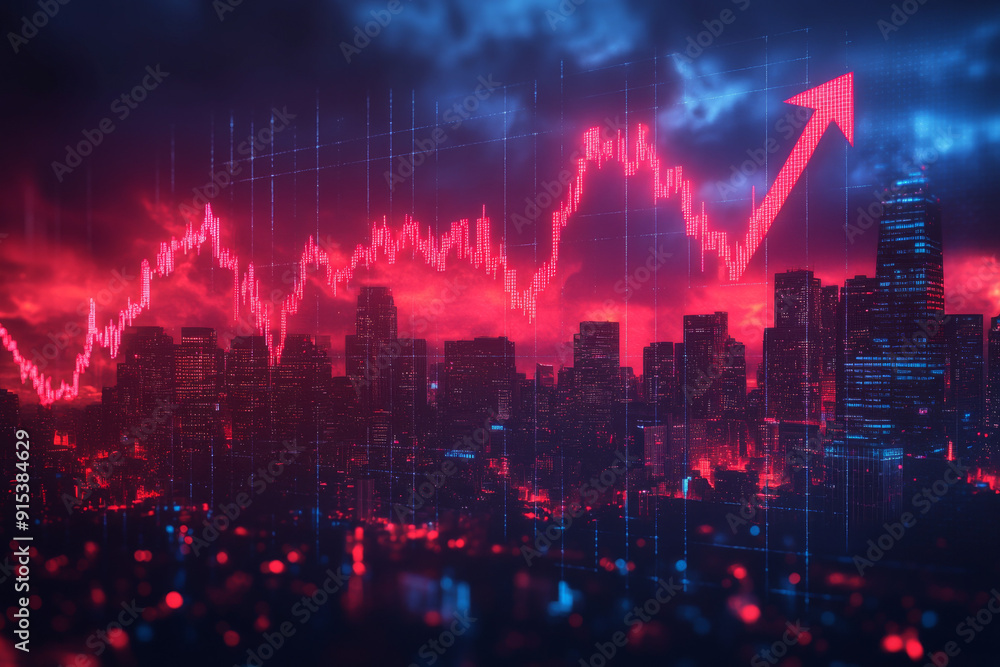 Poster a stock market graph with an arrow pointing upwards, indicating growth and progress in the business 