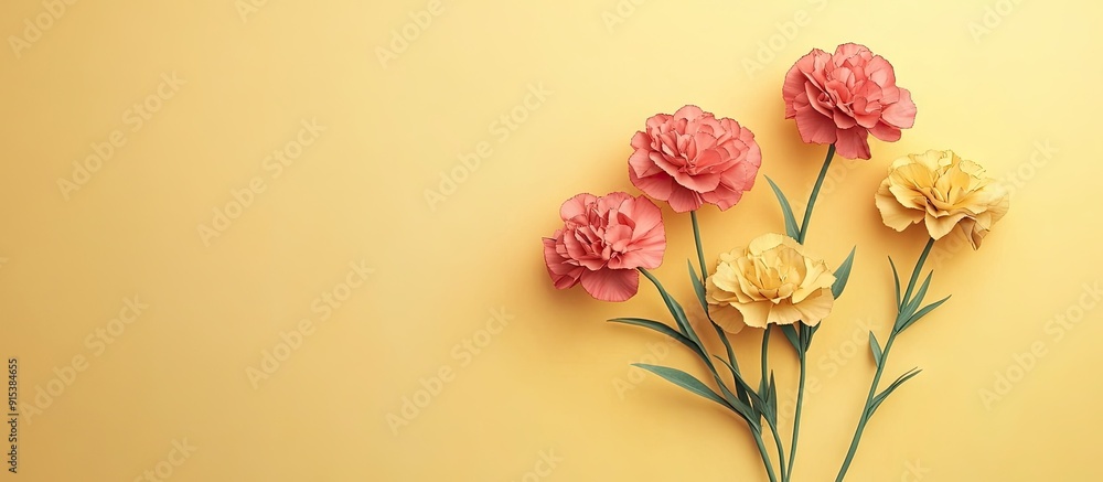 Poster Paper heart with carnation flowers set against a yellow background National Sweetest Day. with copy space image. Place for adding text or design