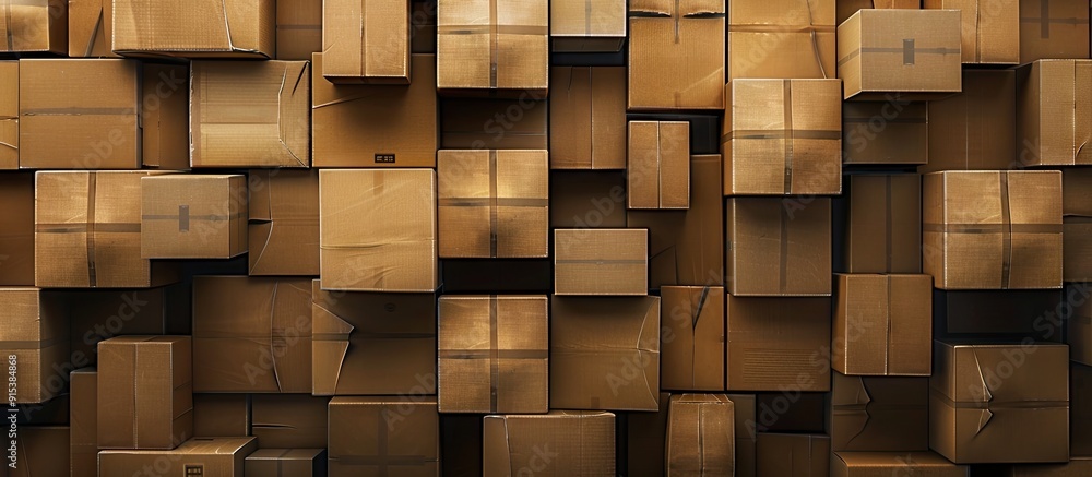 Poster Many brown cardboard boxes. with copy space image. Place for adding text or design