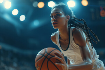 Focused female basketball player preparing to make move, illuminated by bright arena lights during game, evoking sense of intensity and competitive spirit