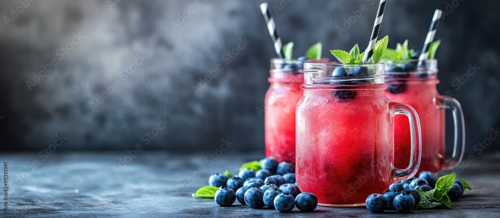 Poster watermelon lemonade in mason jars accompanied by blueberries. with copy space image. place for addin