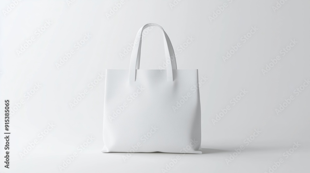 Poster a simple white tote bag on a minimalist backdrop with soft lighting and a focus on texture