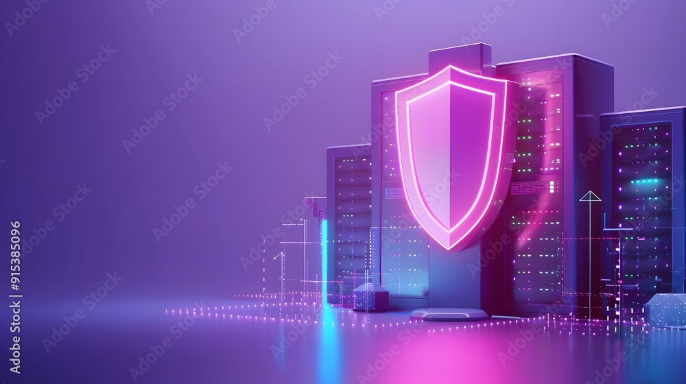 Poster a digital representation of cybersecurity with a glowing shield over a futuristic building, symboliz