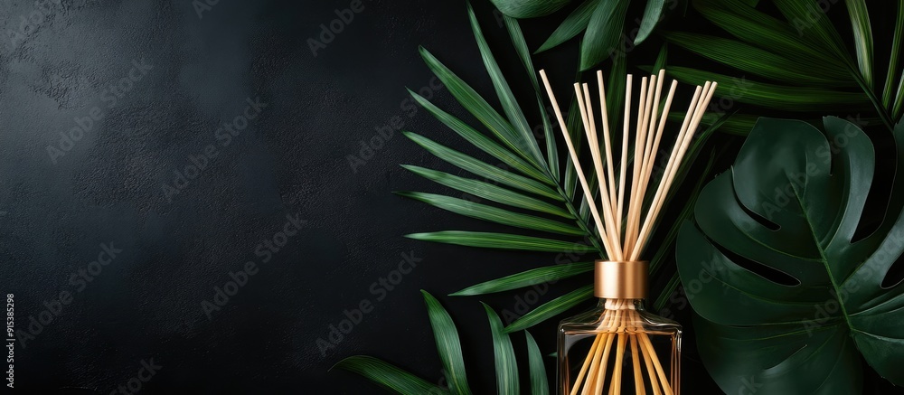 Poster Aroma reed diffuser home fragrance featuring rattan sticks against a black backdrop with palm leaves. with copy space image. Place for adding text or design