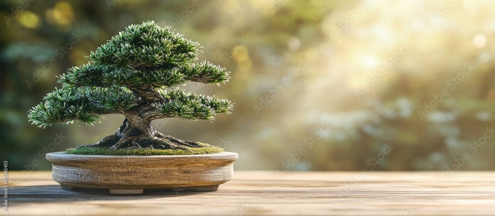 Poster bonsai chamaecyparis pisifera squarrosa dumosa positioned on a wooden table. with copy space image. 