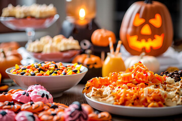 halloween scary snacks on table with pumpkins lanterns