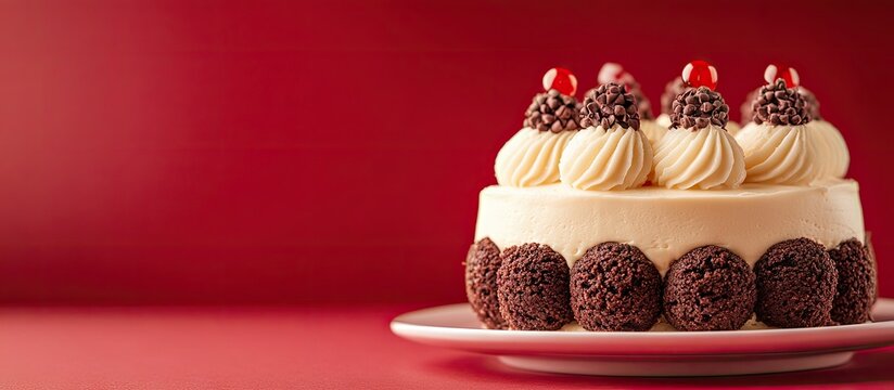 Brigadeiro cake A traditional Brazilian dessert Isolated on a red backdrop Copy space
