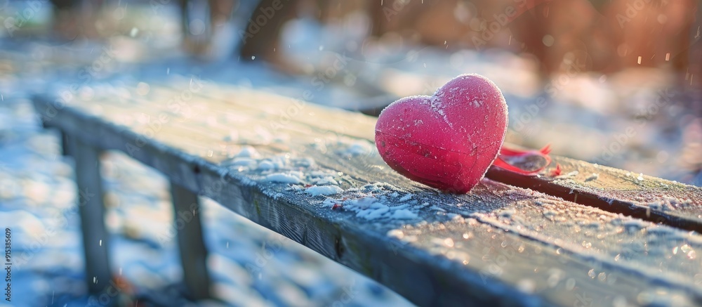 Poster happy valentine s day a pink heart rests on a wooden bench on a sunny winter day. with copy space im