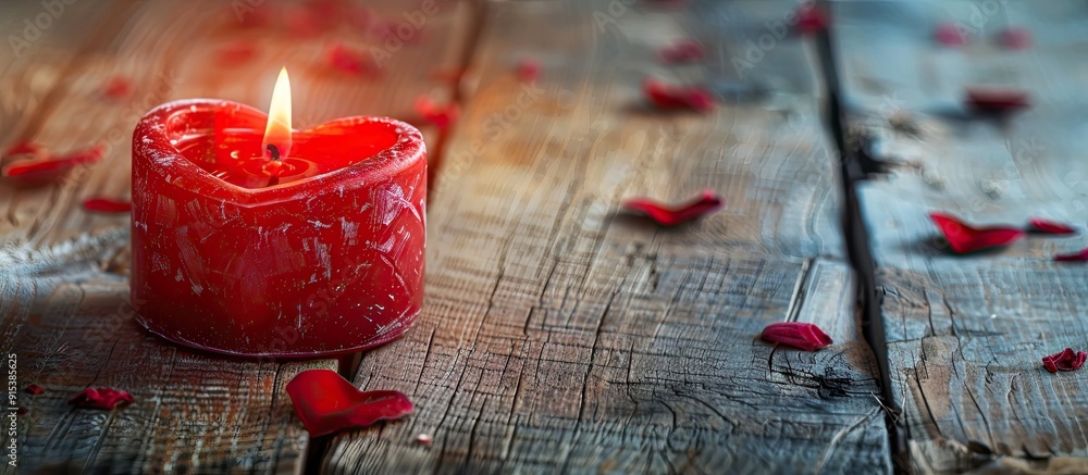 Poster Red heart shaped candles burning on a rustic white wooden table Background for Valentine s Day and Mother s Day Toned image with soft focus. with copy space image. Place for adding text or design