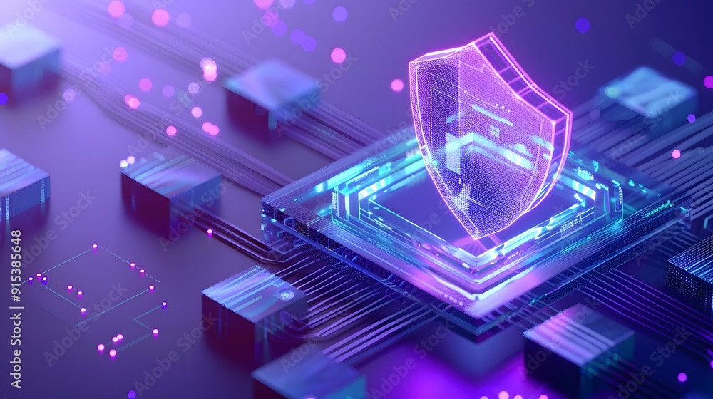Poster a glowing shield icon on a microchip representing digital security technology and protection in a fu
