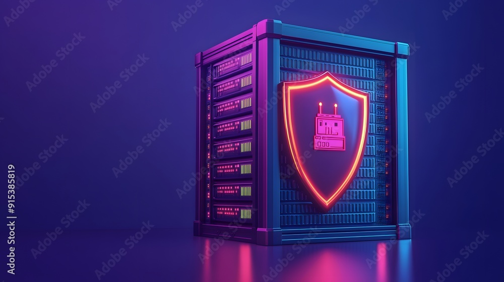 Poster a neon-lit server with a glowing security shield icon, symbolizing advanced cybersecurity measures. 