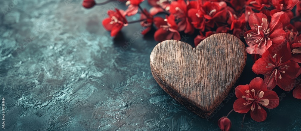 Poster red flowers alongside a wooden heart. with copy space image. Place for adding text or design