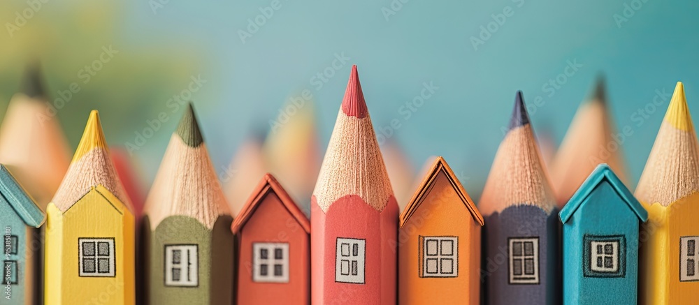 Poster Colored pencils and paper houses. with copy space image. Place for adding text or design