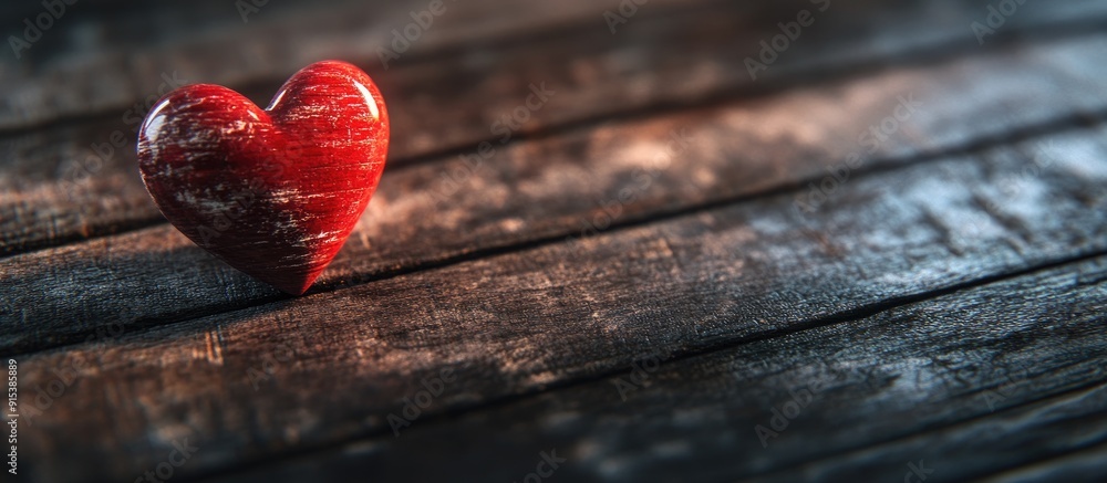 Aufkleber Bright red heart on a dark wooden surface. with copy space image. Place for adding text or design
