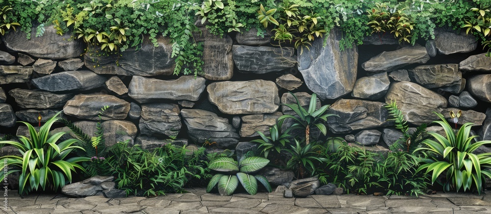 Aufkleber Natural stone wall featuring plants in the background. with copy space image. Place for adding text or design