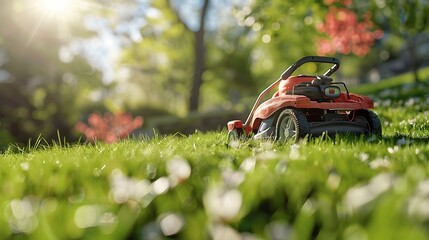 A lawnmower tackling a steep hill in a sloped backyard, lush green grass, bright sunny day, detailed and realistic, hd quality, natural colors, soft focus, dynamic and challenging scene.