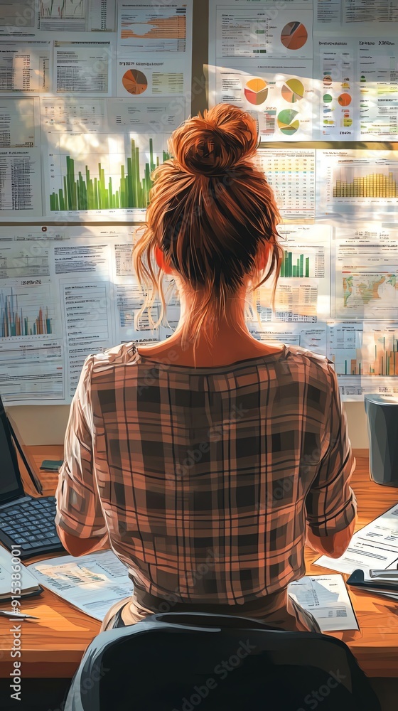Poster woman working at desk with data charts.