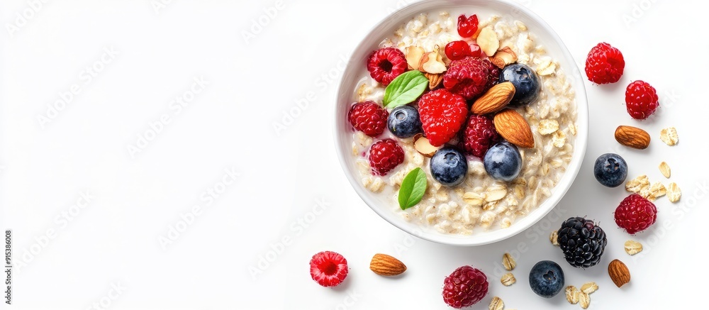 Poster Overnight oatmeal topped with fresh berries and nuts set against a white background Concept of a healthy breakfast. with copy space image. Place for adding text or design