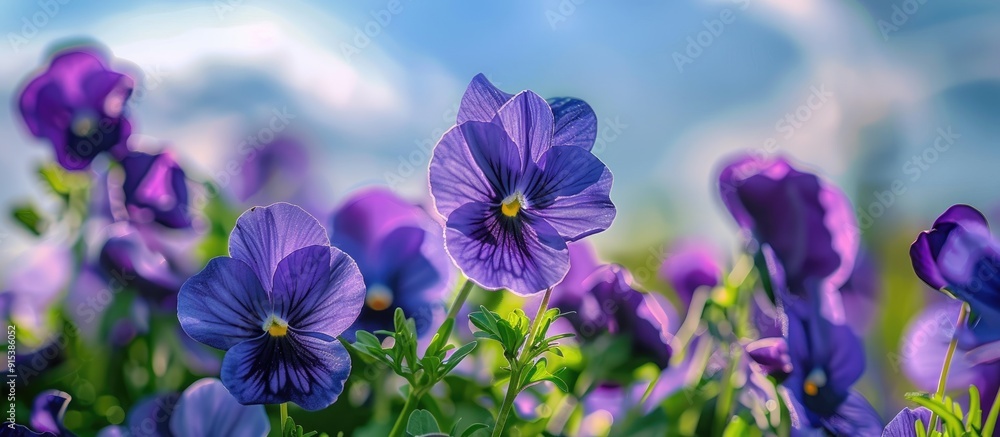 Fototapete close up of a group of violet flowers against the sky. with copy space image. place for adding text 