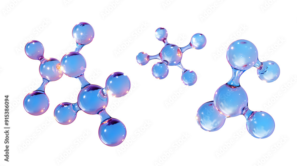 Poster transparent molecules with different angles, 3d rendering.