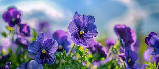 Close up of a group of violet flowers against the sky. with copy space image. Place for adding text or design