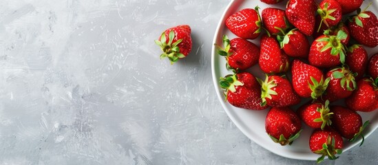 Strawberry on a plate against a white table background with bold shadows Top view flat lay copy space pop art