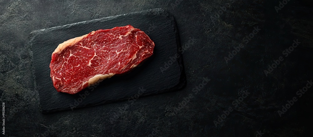 Poster close up of raw dry aged kobe ribeye steak on a black board. with copy space image. place for adding