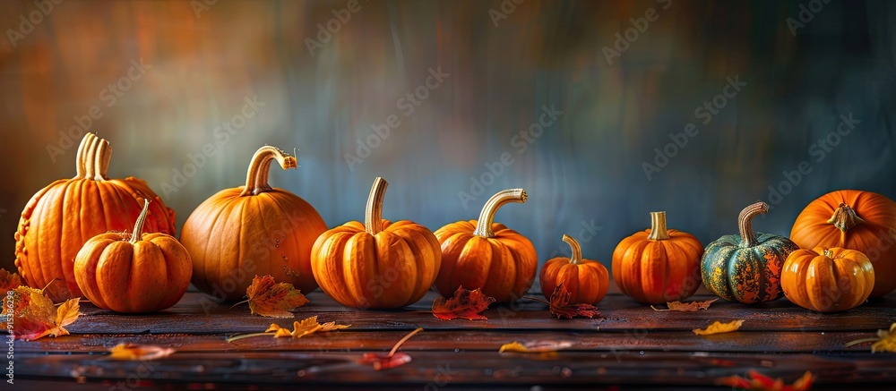 Fototapete a variety of small pumpkins on a dark background next to a lit lantern. with copy space image. place