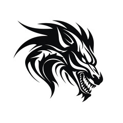 Fototapeta premium A Stylized Black and White Wolf Head with Sharp Teeth and Ferocious Expression.
