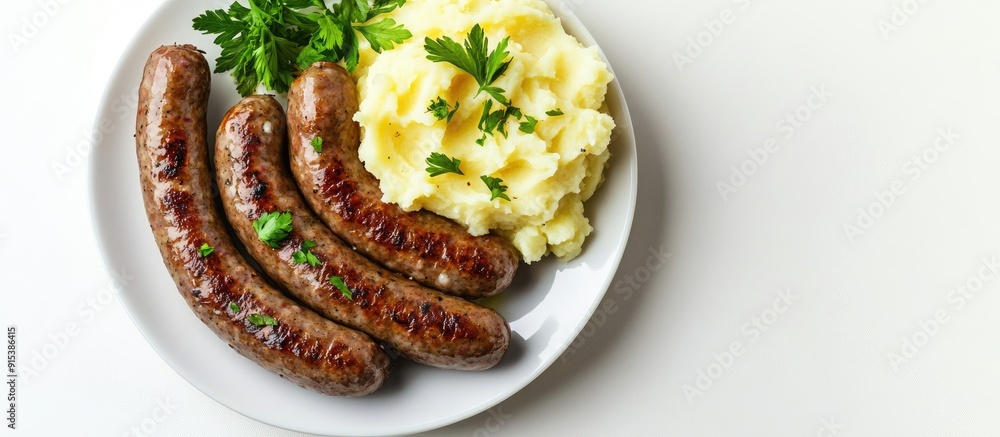 Aufkleber fried meat sausages accompanied by mashed potatoes on a white plate set against a white background i