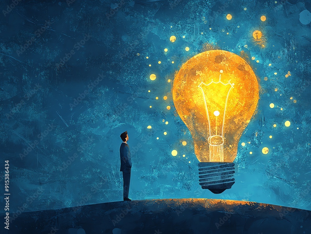 Poster man looking up at big idea light bulb.