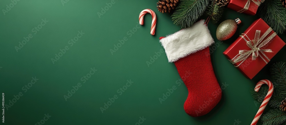 Poster christmas stocking alongside a small gift box and candy canes on a green background flatlay arrangem