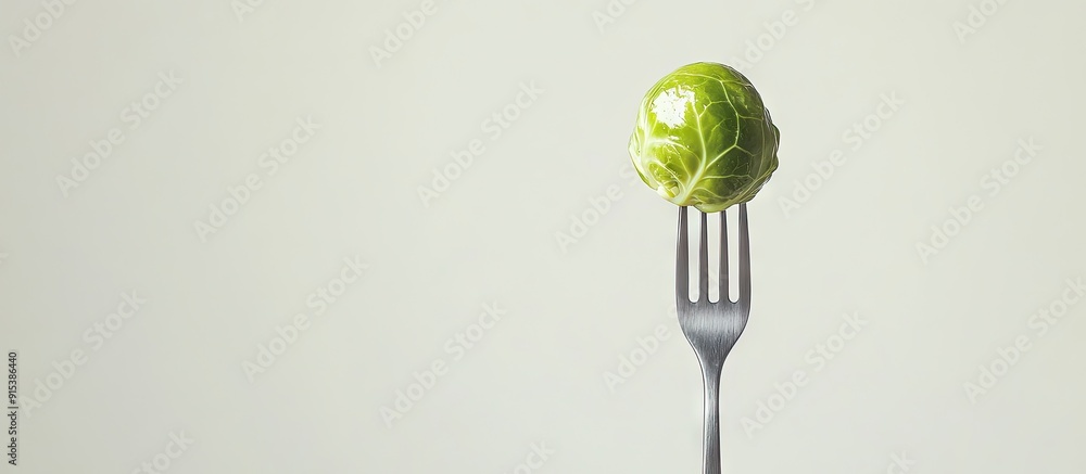 Aufkleber Fresh brussels sprout on a fork placed against a white background. with copy space image. Place for adding text or design