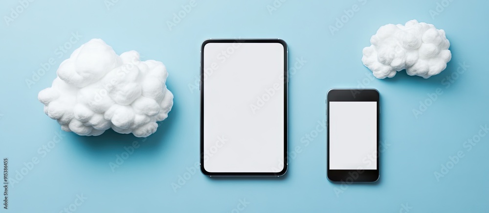 Fototapete Top view of blank paper clouds next to a smartphone and a digital tablet with a blank screen set against a blue background. with copy space image. Place for adding text or design