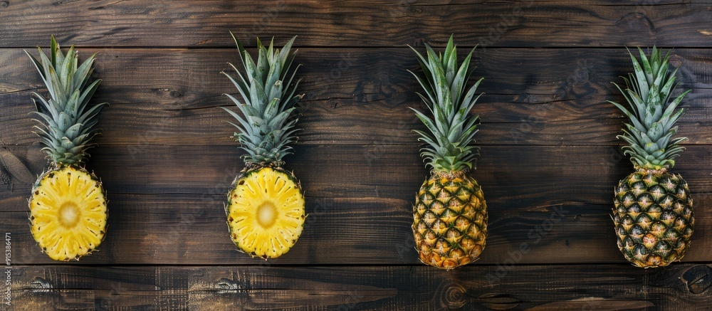 Poster Pineapple set against a wooden background top view healthy fruit food idea. with copy space image. Place for adding text or design