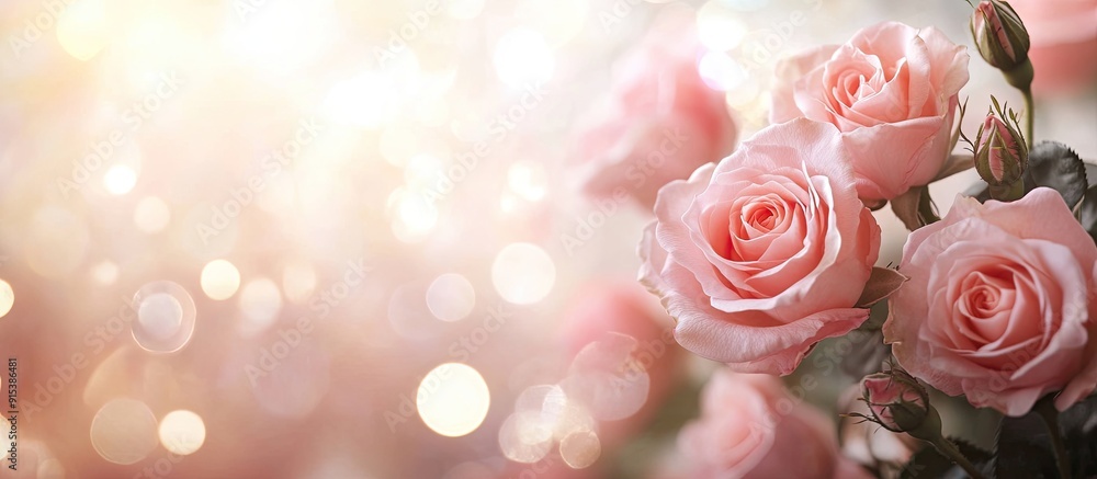 Poster close up of pink roses with a soft blur bokeh texture in vintage pastel colors for a background copy