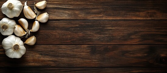 garlic on a dark brown wooden table background with copy space