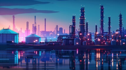 Industrial landscape with oil refinery plant at sunset. Vector illustration.