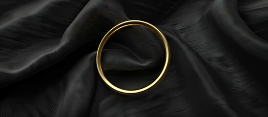 The single edged gold ring is placed on the black cloth background. with copy space image. Place for adding text or design