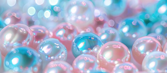 a stunning array of vibrant blue and pink shiny pearls on a gentle pink background with copy space