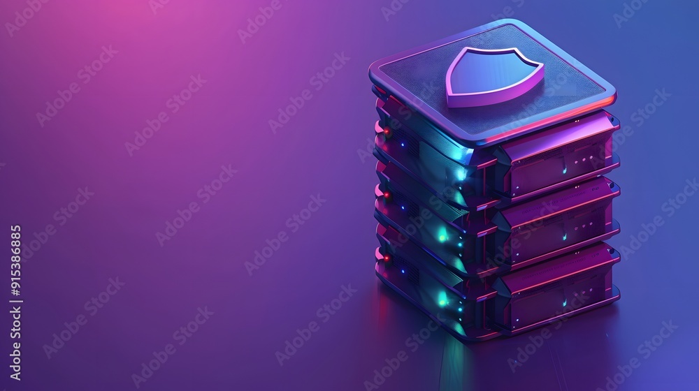 Poster abstract server stack with blue and pink neon lights, showcasing data security with a shield symbol 
