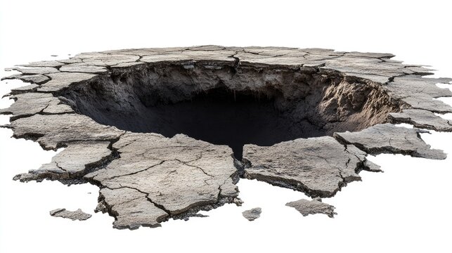 Hole in cracked ground, isolated on a transparent background, adding a sense of drama and realism to digital compositions.