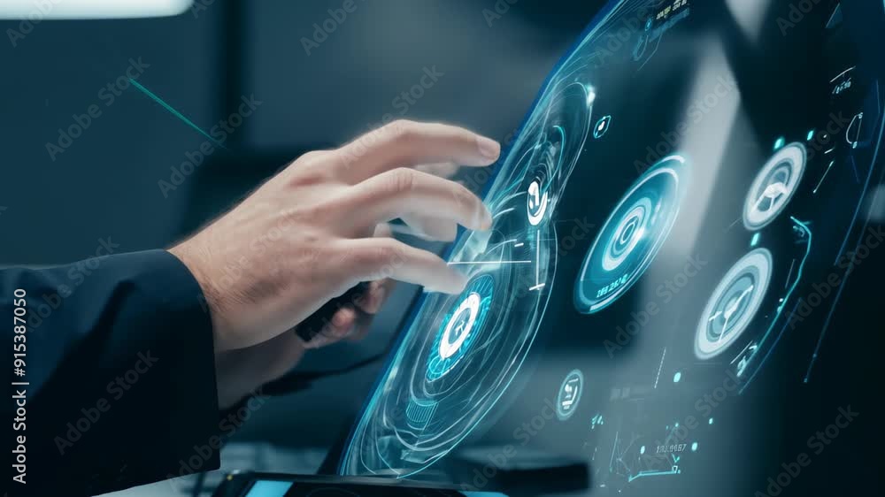 Aufkleber person's hand interacting with a futuristic digital interface. the holographic display features circ