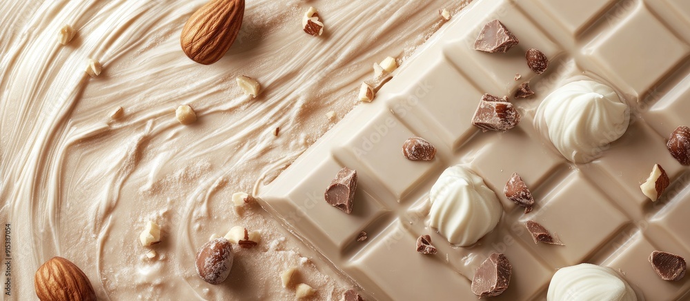 Poster White chocolate with a nut textured background. with copy space image. Place for adding text or design