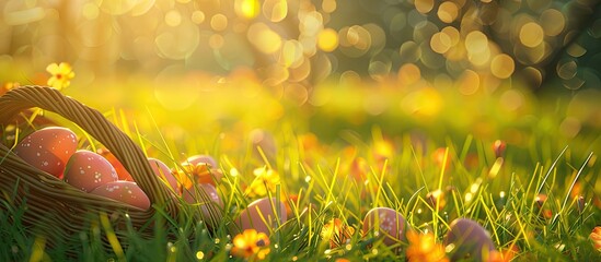 Happy Easter day Easter eggs in a grass field with a green golden bokeh background featuring selective focus and a toned image. with copy space image. Place for adding text or design
