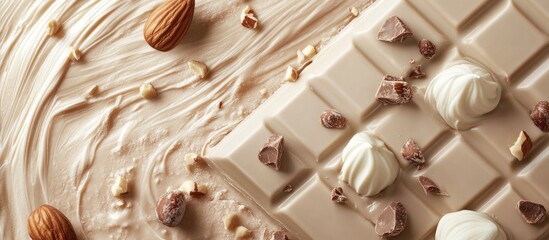 White chocolate with a nut textured background. with copy space image. Place for adding text or design