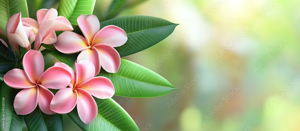 Poster pink frangipani blossoms accompanied by green leaves and a blurred backdrop. with copy space image. 