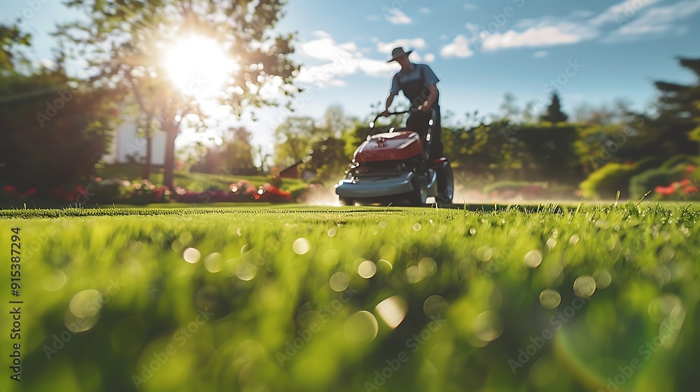 Wall mural a picturesque scene of a professional landscaper mowing a large lawn with a commercial mower, unifor